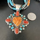 Navajo Turquoise Coral Spiny Heart Pendant | Sterling Silver 3-Strand Necklace | Authentic Native American Handmade | 16303