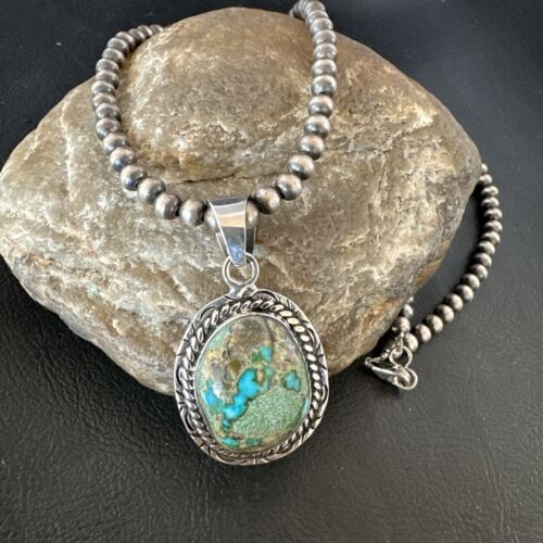 Navajo Blue Boulder Turquoise Necklace Pendant | Sterling Silver | Authentic Native American Handmade | 16801
