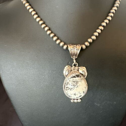 Navajo White Buffalo Turquoise Pendant Necklace | Sterling Silver | Authentic Native American Handmade | 17524