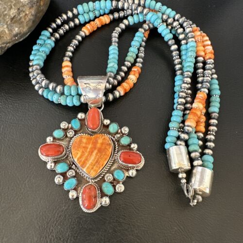 Navajo Turquoise Coral Spiny Heart Pendant | Sterling Silver 3-Strand Necklace | Authentic Native American Handmade | 16303