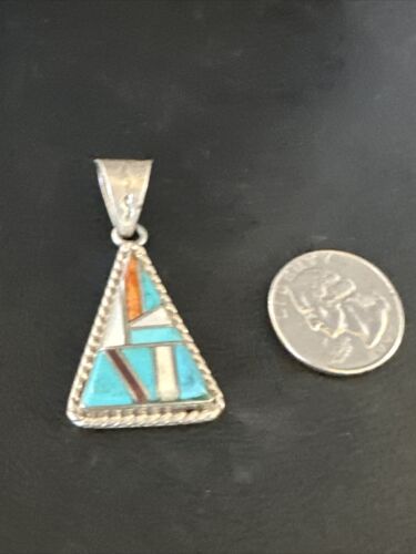 Navajo Blue Turquoise Spiny Mother of Pearl Inlay Pendant | Sterling Silver | Authentic Native American Handmade | 15195