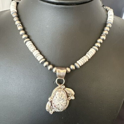 Navajo White Buffalo Turquoise Pendant Necklace | Sterling Silver | Authentic Native American Handmade | 17336