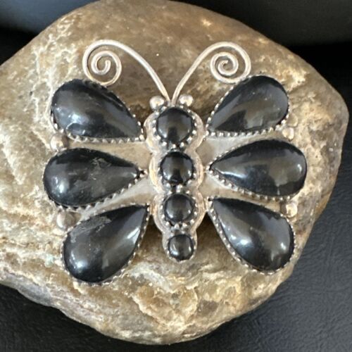 Navajo Black Onyx Butterfly Cluster Pin | Sterling Silver | Authentic Native American Handmade | 15168