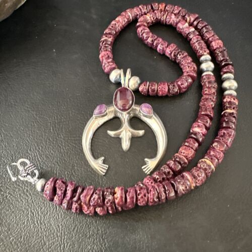 Navajo Purple Spiny Oyster Naja Pendant Necklace | Sterling Silver | 24" | Authentic Native American Handmade | 15537