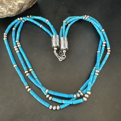 Navajo Blue Turquoise Tube Necklace | Sterling Silver | 22" | Authentic Native American Handmade | 17553