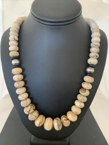 Native American Women's Graduated Picture Jasper & Onyx Necklace | Sterling Silver 26" | 1767