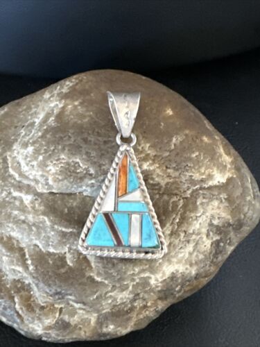 Navajo Blue Turquoise Spiny Mother of Pearl Inlay Pendant | Sterling Silver | Authentic Native American Handmade | 15195