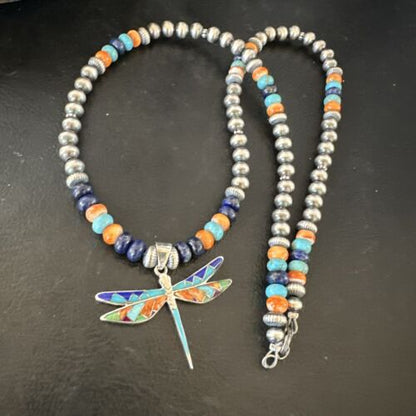 Navajo Dragonfly Pendant | Sterling Silver Turquoise Spiny Inlay MultiColor | Authentic Native American Handmade | 16634