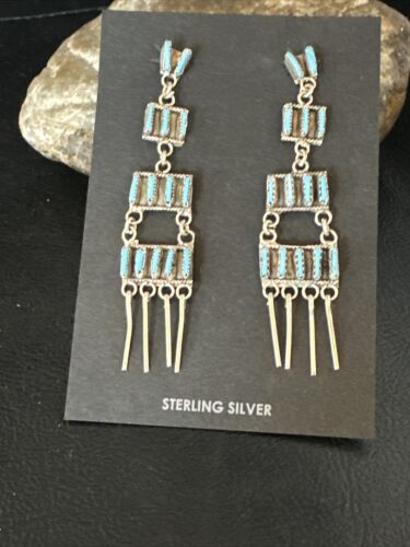 Zuni Kingman Turquoise Needle Point Dangle Earrings | Sterling Silver | 4 Tier | 14872