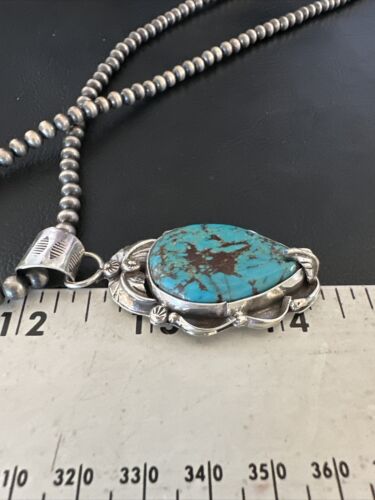 Navajo Blue Turquoise Pendant Necklace | Sterling Silver Pearls | Authentic Native American Handmade | 15640