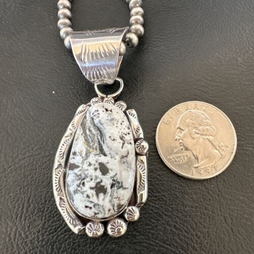 Men's White Buffalo Turquoise Pendant Necklace | Navajo Pearl Sterling Silver | 17037