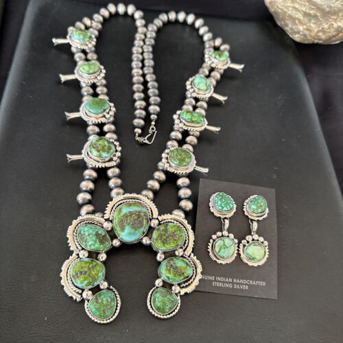Navajo Ultra Rare Green Sonoran Gold Turquoise Squash Blossom Necklace Set | Sterling Silver | 17208