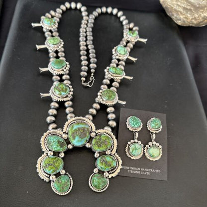 Navajo Ultra Rare Green Sonoran Gold Turquoise Squash Blossom Necklace Set | Sterling Silver | 17208