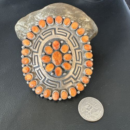 Navajo Orange Spiny Oyster Cluster Concho Belt Buckle | Sterling Silver | Authentic Native American Handmade | 16344