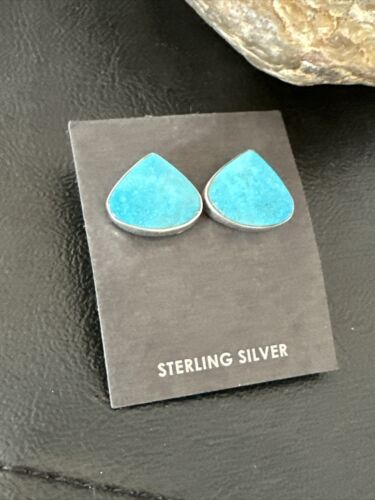 Navajo Blue Kingman Turquoise Post Stud Earrings | Sterling Silver | Authentic Native American Handmade | 17470