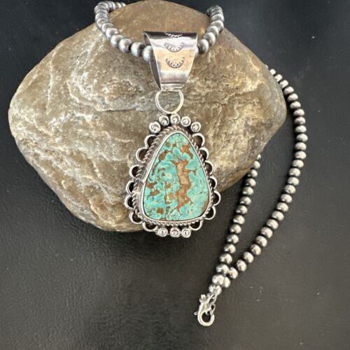 Women's Royston Turquoise Pendant Necklace | Navajo Pearls | Sterling Silver | Authentic Native American Handmade | 17062