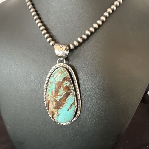 Navajo Blue Turquoise #8 Pendant Necklace | Sterling Silver Pearls | Authentic Native American Handmade | 16346