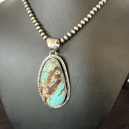 Navajo Blue Turquoise #8 Pendant Necklace | Sterling Silver Pearls | Authentic Native American Handmade | 16346