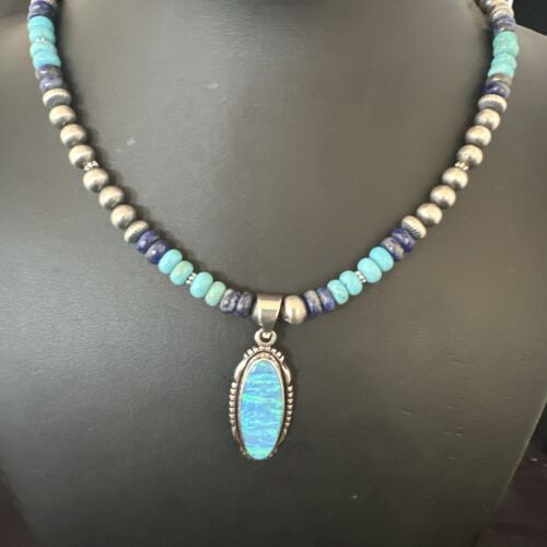 Navajo Opal Inlay Pendant with Turquoise Lapis Pearls | Sterling Silver Necklace | Authentic Native American Handmade | 16846