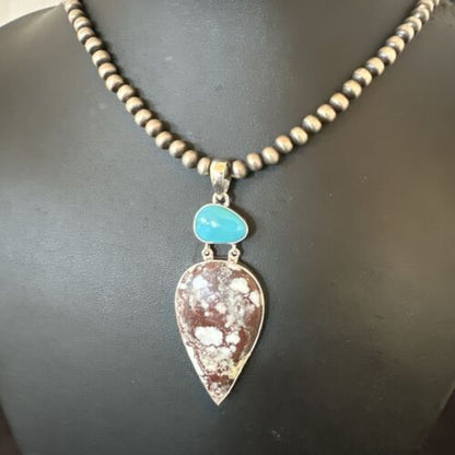 Navajo Wild Horse | Blue Kingman Turquoise Necklace | Sterling Silver | Authentic Native American Handmade | 17304