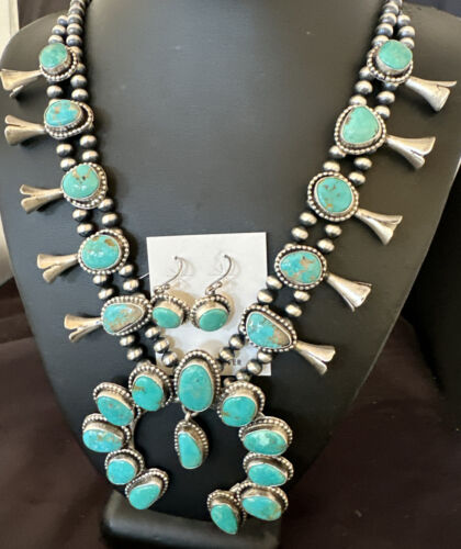 Kingman Turquoise Navajo Squash Blossom Necklace & Earrings | Sterling Silver | Native American Handmade | 16538