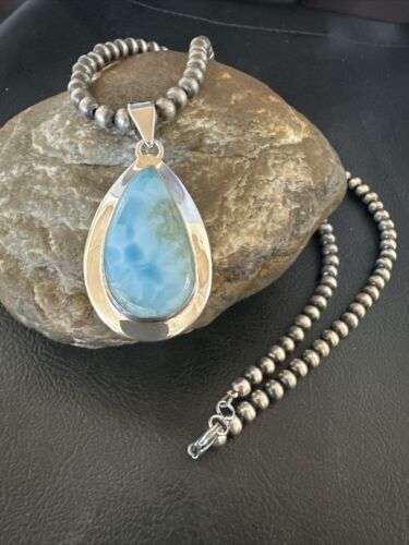Navajo Blue Larimar Pendant Necklace | Sterling Silver Beads | Authentic Native American Handmade | 17565