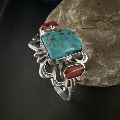 Kingman Turquoise Coral Cuff Bracelet | Navajo Tufa Cast | Sterling Silver | Authentic Native American Handmade | 16780