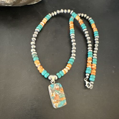 Navajo Spiny Turquoise Pendant Necklace | Sterling Silver | 22" | Authentic Native American Handmade | 17432