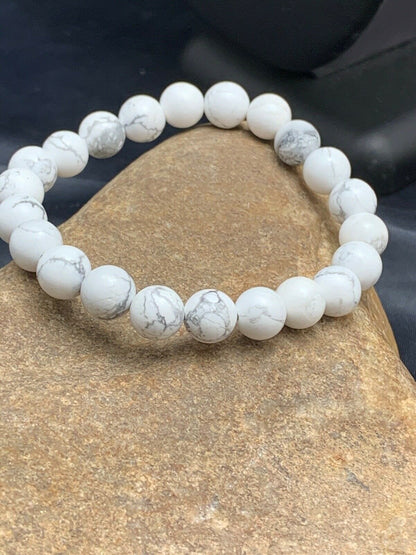 White Howlite Bead Mala Bracelet | 8mm | Stretchable | Authentic Native American Handmade | 4603