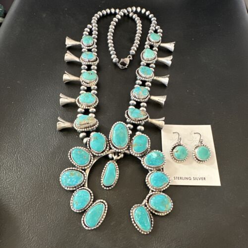 Kingman Turquoise Navajo Squash Blossom Necklace & Earrings | Sterling Silver | Native American Handmade | 16538