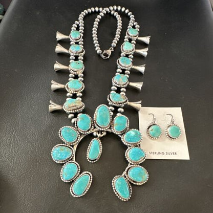 Kingman Turquoise Navajo Squash Blossom Necklace & Earrings | Sterling Silver | Native American Handmade | 16538