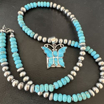 Navajo Butterfly Blue Ridge Turquoise Inlay Pendant Necklace | Sterling Silver | Authentic Native American Handmade | 16642