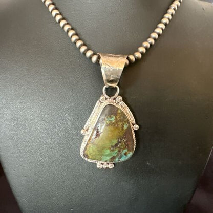 Men's Navajo Green Royston Turquoise Pendant Necklace | Sterling Silver | Authentic Native American Handmade | 17479