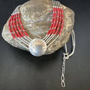 Navajo Concha Red Coral Heishi Necklace | 5 Strand Liquid Sterling Silver | 20" | 15878