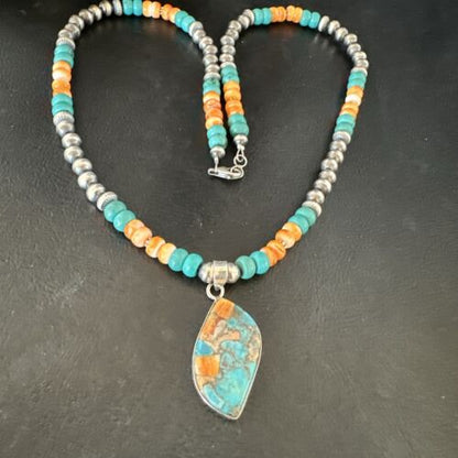 Navajo Spiny Turquoise Pendant Necklace | Sterling Silver | 21" | Authentic Native American Handmade | 17518