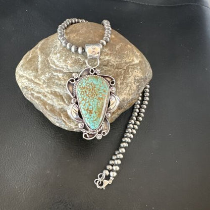 Navajo Blue Turquoise #8 Pendant | Sterling Silver Pearls Necklace | Authentic Native American Handmade | 15902