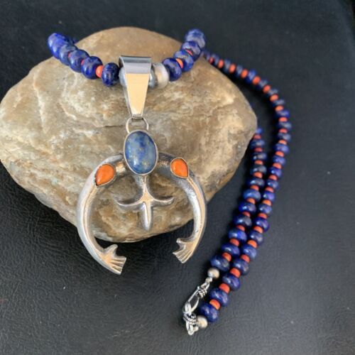 Navajo Blue Lapis Spiny Oyster Naja Pendant Necklace | Sterling Silver | Authentic Native American Handmade | 13706