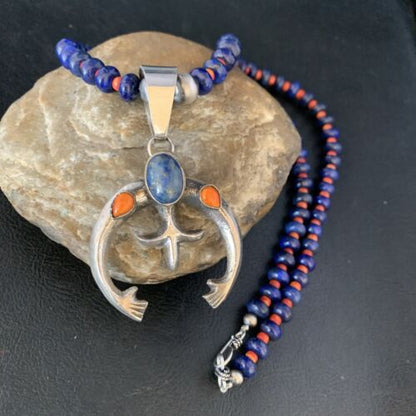 Navajo Blue Lapis Spiny Oyster Naja Pendant Necklace | Sterling Silver | Authentic Native American Handmade | 13706
