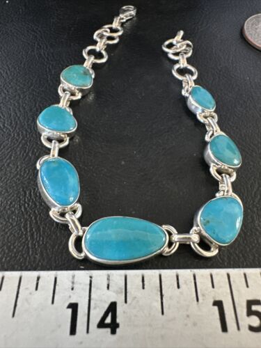 Navajo Blue Turquoise Link Bracelet | Sterling Silver | 8" | Authentic Native American Handmade | 15476 - Masha USA