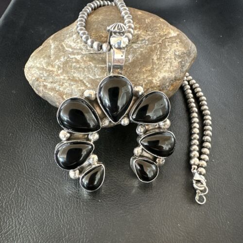 Men's Black Onyx Naja Pendant | Navajo Pearls Sterling Silver Necklace | Authentic Native American Handmade | 17070