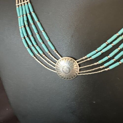 Navajo Blue Turquoise Heishi Concha Necklace | 5 Strand Liquid Sterling Silver | 20" | 15876