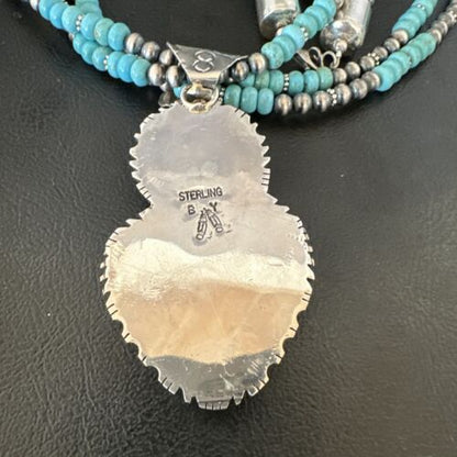 Navajo Pearls Blue Turquoise Spiny Pendant Necklace | Sterling Silver | 3-Strand | 16827