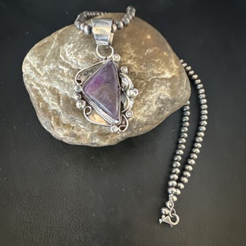 Navajo Purple Sugilite Pendant with Pearls | Sterling Silver Bead Necklace | Authentic Native American Handmade | 15412