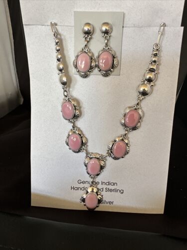 Navajo Pink Conch Choker Necklace | Sterling Silver Pendant 18" | Earrings Set | Authentic Native American Handmade
