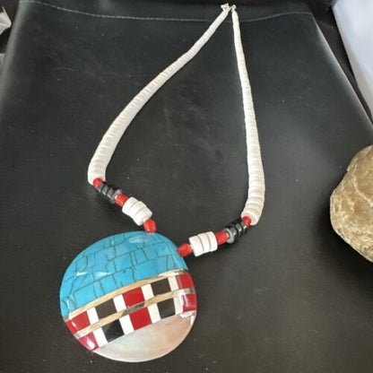Navajo Shell Turquoise Coral Necklace | Sterling Silver | Stabilized | Inlay | 22" | Authentic Native American Handmade | 15323