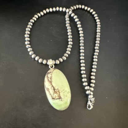 Navajo Green Gaspeite Pendant Necklace | Sterling Silver | Authentic Native American Handmade | 15483