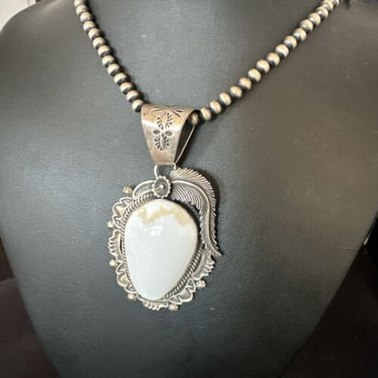 Navajo White Buffalo Turquoise Pendant Necklace | Sterling Silver | Authentic Native American Handmade | 15618