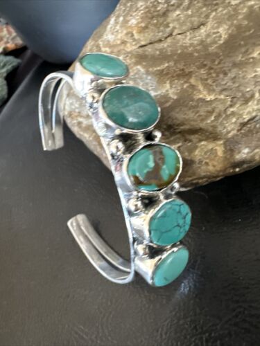 Women's Blue Turquoise 5-Stone Cuff Bracelet | Navajo Sterling Silver | Authentic Native American Jewelry | 16280
