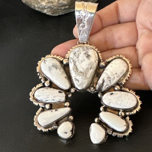 Navajo White Buffalo Turquoise Necklace Naja Pendant | Sterling Silver | Authentic Native American Handmade | 17040