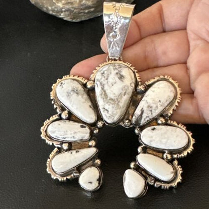 Navajo White Buffalo Turquoise Necklace Naja Pendant | Sterling Silver | Authentic Native American Handmade | 17040